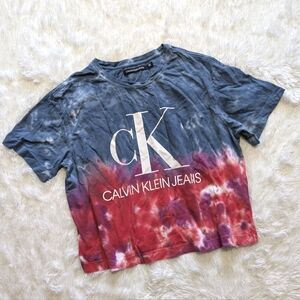 Calvin Klein Oversized Blue & Red Tie Dye Logo Tee Size Small